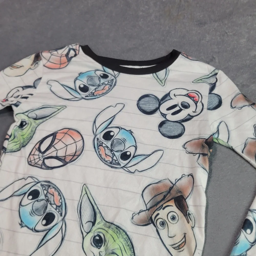 Disney Pajama Top Kids 12 White Disney 100 Character Sketch‎ Mashup Long Sleeve